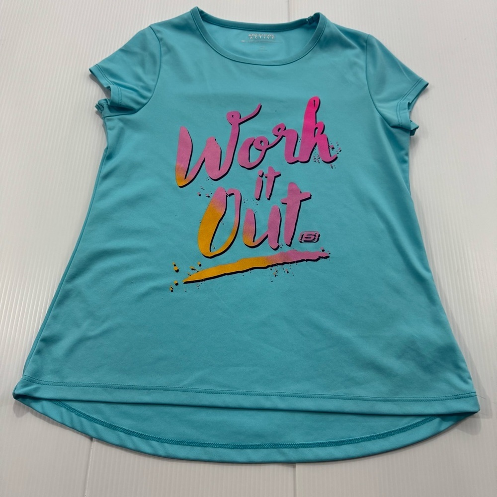 K32. Skechers Kids' Turquoise Tee with Pink and Orange Graphic (14/16)